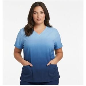 Koi Lite Scrub Top SZ XL 16/18 Blue Ombre V-Neck Dobby Slim Fit Pockets Stretch